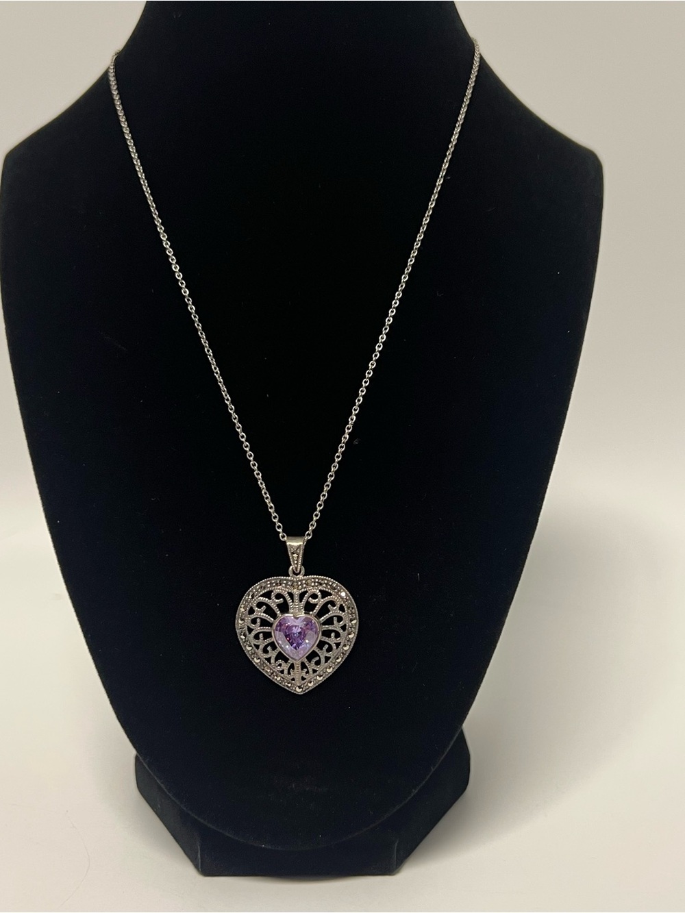 925 Lavender Heart Pendant Silver Necklace CZ Accents With Tag